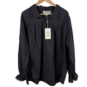 NWT Veda Black Cotton Pintuck Ruffle Blouse Sz L Oversized Lagenlook‎ Whimsigoth